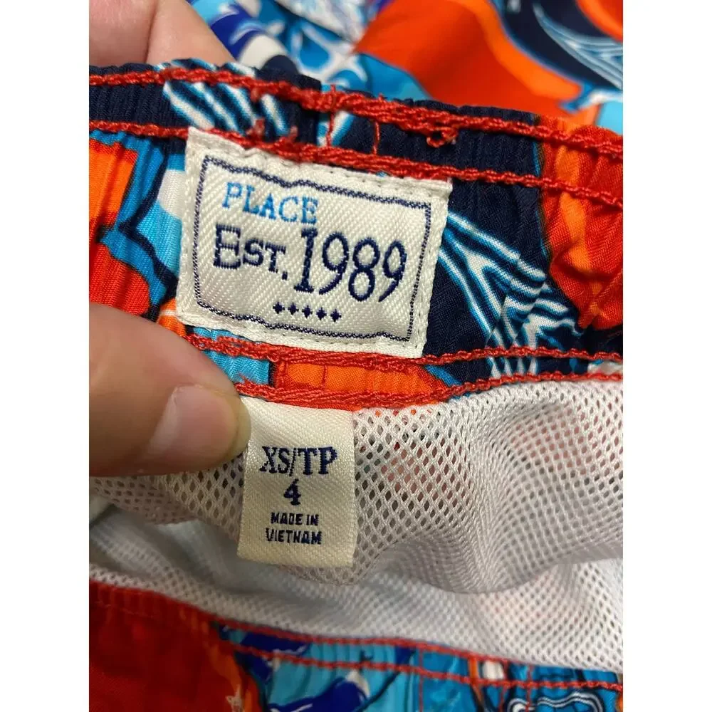Children's Place Boys Swim Trunks XS 4 Tiki‎ Surf Sharks Orange Blue Shorts